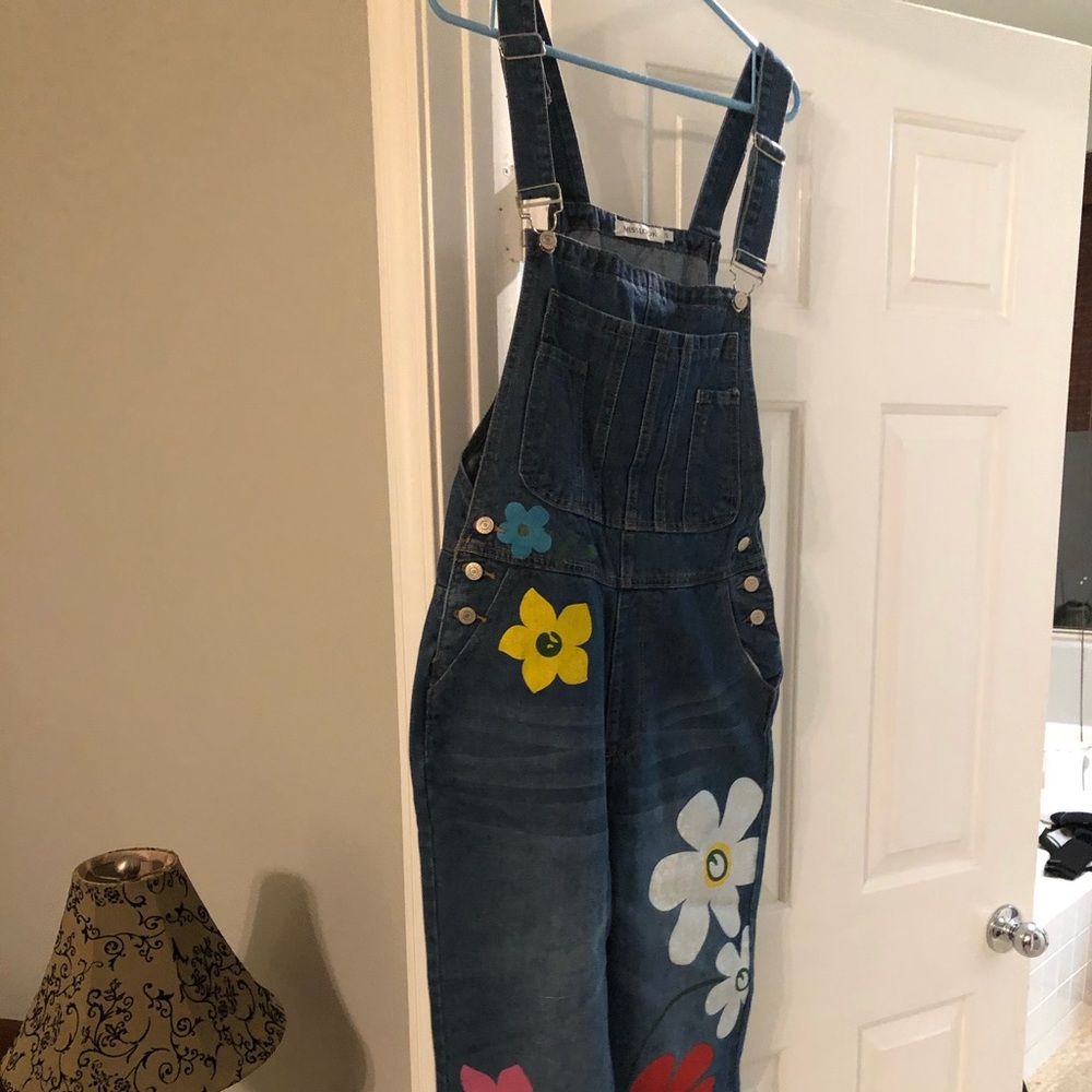 Little Miss Blue Denim Floral Paint Overalls
